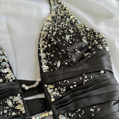 Black Gorgeous Vintage Fashion Elegant Exquisite Beaded Spaghetti Strap Long Satin Ball Gown Evening Gown Birthday Party Dress Prom Gown gh3640