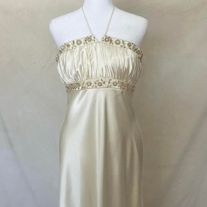 Stunning Vintage Fashion Elegant Gold Delicate Floral Beading Spaghetti Strap Long Satin Women's Ball Gown Evening Dress Party Dress Prom Dress Fairy Dress gh4183