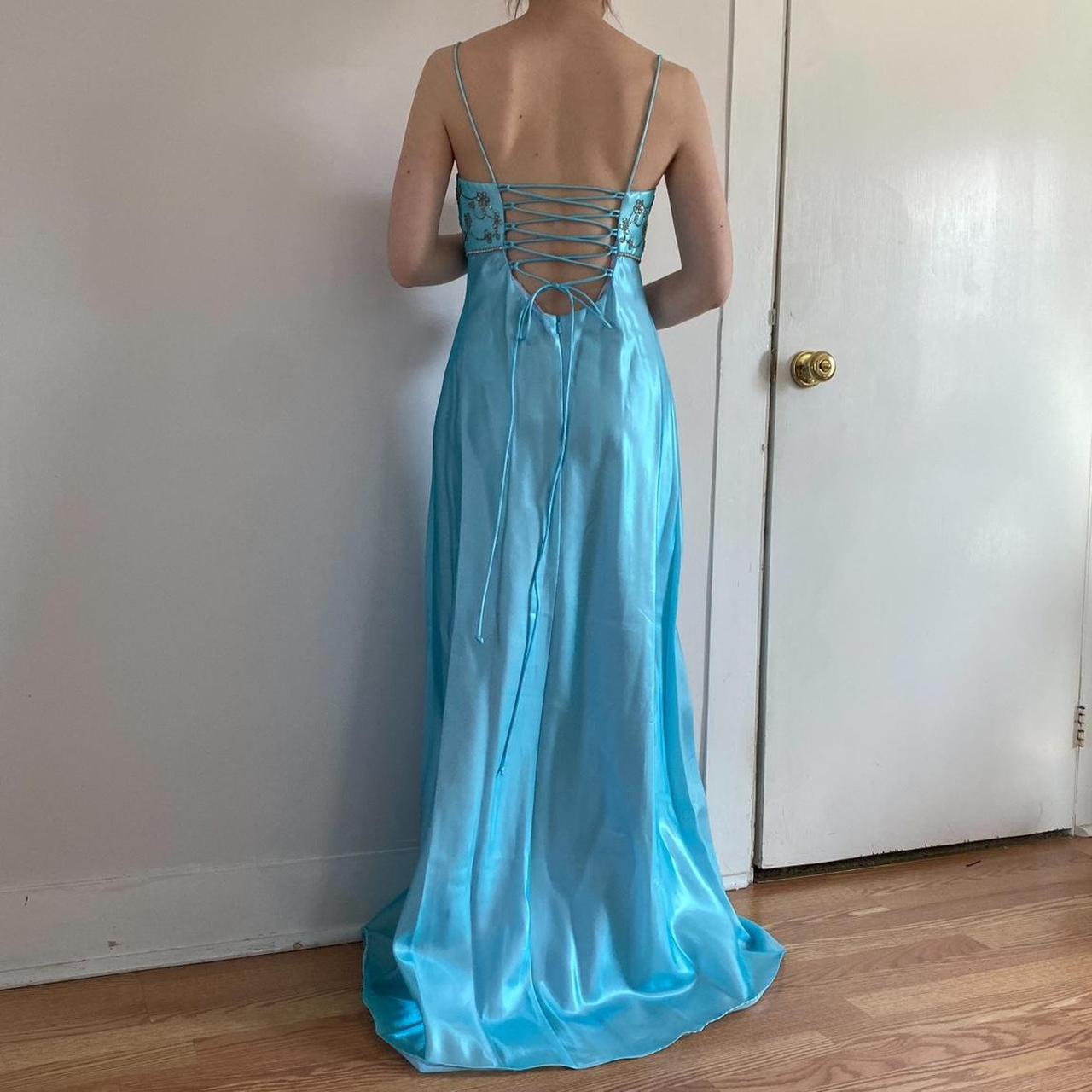 Light Blue Vintage Fashion Playful Deep V Exquisite Floral Beaded Halter Long Satin Tulle Fairy Ball Gown Square Neck Prom Dress Evening Dress Birthday Party Dress gh3959