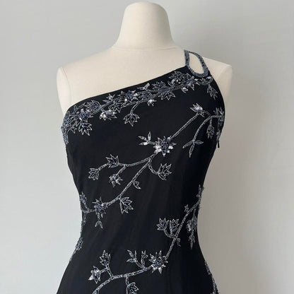 Black and Silver Vintage Gorgeous Elegant Exquisite Beaded Long Chiffon Sequin Asymmetric Skirt Dress Homecoming Dress Prom Dress Evening Dress Party Dress gh4123