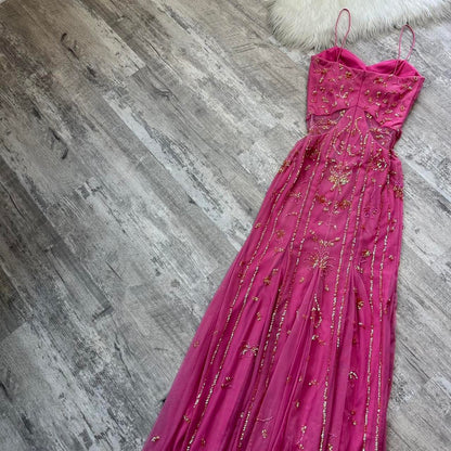 Stunning Rare Hot Pink Vintage Fashion Elegant Delicate Floral Sequin Long Chiffon Sequin Ball Gown Evening Dress Birthday Party Dress Fairy Dress Homecoming Dress Wedding Guest Dress Prom Dress gh3810