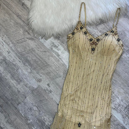 Cream Stunning Rare Vintage Long Chiffon Sequin Floral Ball Gown Evening Gown Party Dress gh4311