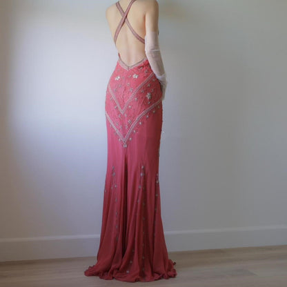 Pink Stunning Vintage Flowing Elegant Delicate Beaded Open Back Long Floor Length Mermaid Style Skirt Satin Ball Gown Evening Gown Birthday Party Gown Prom Gown gh3835