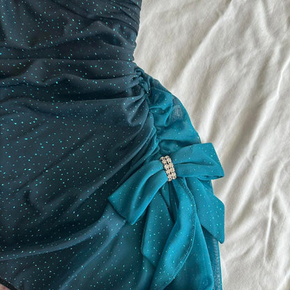 Turquoise Gradient Retro Fashion Sparkling Stunning Flowing One Shoulder Elegant Exquisite Rhinestone Long Chiffon Ball Gown Evening Gown Birthday Party Gown Prom Gown Graduation Gown gh3882