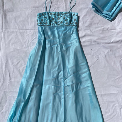Light Blue Vintage Fashion Playful Deep V Exquisite Floral Beaded Halter Long Satin Tulle Fairy Ball Gown Square Neck Prom Dress Evening Dress Birthday Party Dress gh3959