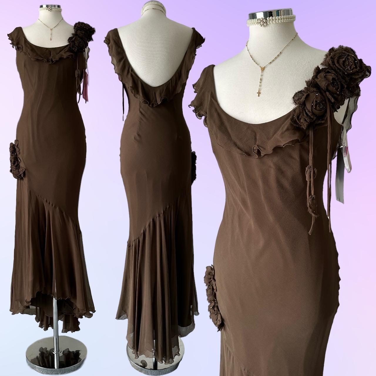 Brown Stunning Retro Unique Fashion Beautiful Elegant Exquisite Floral Long Ruffle Neckline Low Back Design Chiffon Ball Gown Evening Gown Birthday Party Gown Prom Gown gh3915