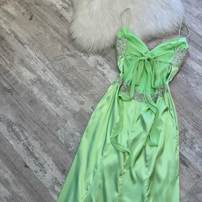 Light Green Shiny Vintage Elegant Spaghetti Strap Satin Maxi Dress Sequined Rhinestone Ball Gown Evening Dress Party Dress gh4301