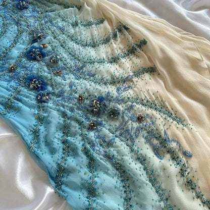 Blue gorgeous beautiful stylish unique elegant exquisite floral beading long chiffon ball gown evening dress party dress gh3562