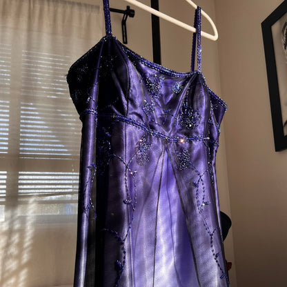 Cobalt Blue Purple Ombre Beaded Floral Long Satin Tulle Ball Gown Evening Gown Party Dress gh4296