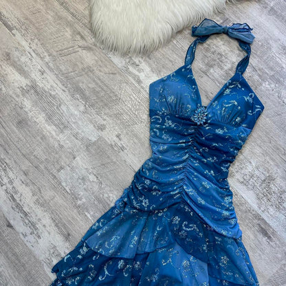 Dark blue homecoming dress Y2k mini backless dress with sparkling floral rhinestone ruffles short chiffon ball gown evening gown party dress gh4716
