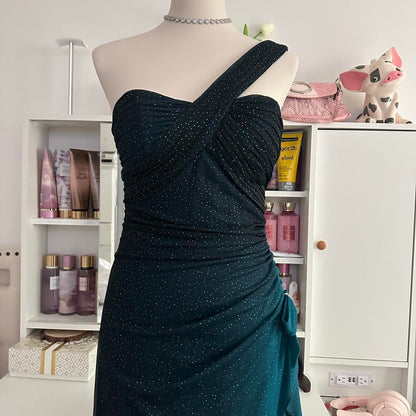 Turquoise Gradient Retro Fashion Sparkling Stunning Flowing One Shoulder Elegant Exquisite Rhinestone Long Chiffon Ball Gown Evening Gown Birthday Party Gown Prom Gown Graduation Gown gh3882