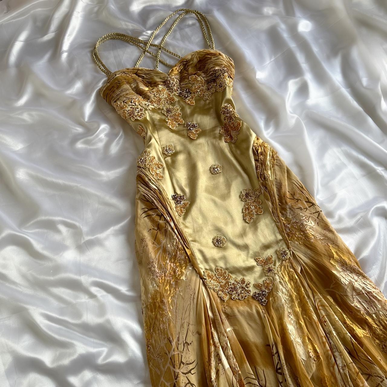 Gold Gorgeous Beautiful Charming Elegant Exquisite Floral Beaded Strapless Long Satin Chiffon Ball Gown Evening Dress Party Dress Prom Dress gh3824