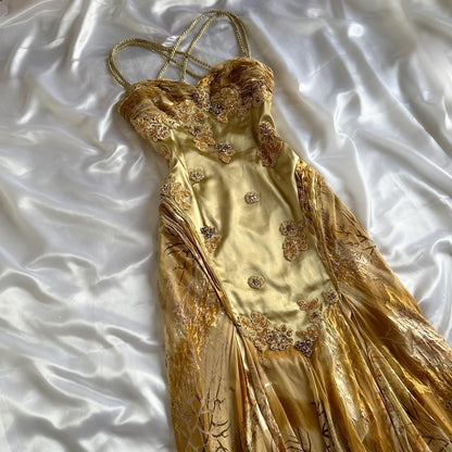 Gold Gorgeous Beautiful Charming Elegant Exquisite Floral Beaded Strapless Long Satin Chiffon Ball Gown Evening Dress Party Dress Prom Dress gh3824