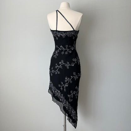 Black and Silver Vintage Gorgeous Elegant Exquisite Beaded Long Chiffon Sequin Asymmetric Skirt Dress Homecoming Dress Prom Dress Evening Dress Party Dress gh4123
