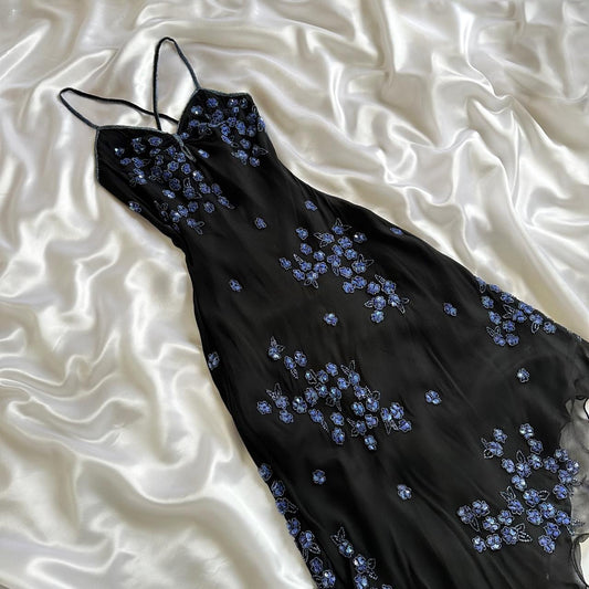 Black gorgeous shiny beautiful stylish unique elegant exquisite blue floral beading long chiffon ball gown evening dress party dress gh3563