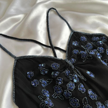 Black gorgeous shiny beautiful stylish unique elegant exquisite blue floral beading long chiffon ball gown evening dress party dress gh3563