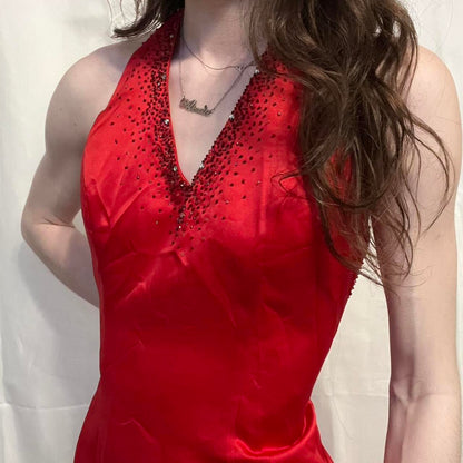 Cherry Red Vintage Exquisite Beading Gorgeous Bright Sexy Backless Long Satin Slit Formal Prom Dress Evening Dress Wedding Guest Dress Birthday Party Dress gh3630