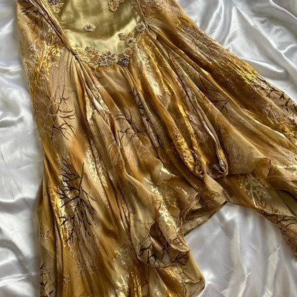 Gold Gorgeous Beautiful Charming Elegant Exquisite Floral Beaded Strapless Long Satin Chiffon Ball Gown Evening Dress Party Dress Prom Dress gh3824