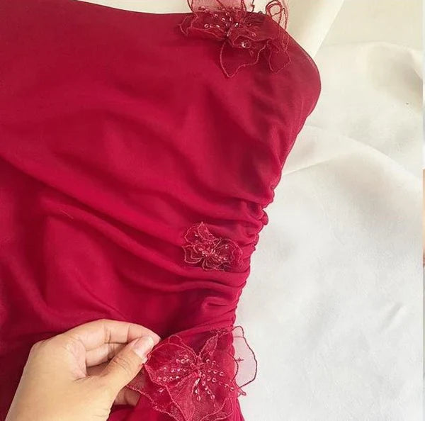 Dark pink elegant floral long chiffon birthday dress prom dress party dress homecoming dress gh4672