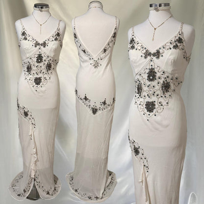 Ivory Shiny Fashion Elegant Beautiful Exquisite Gem Beaded Long Chiffon Ruffles Handmade Customized Ball Gown Evening Dress Party Dress Prom Dress gh3749
