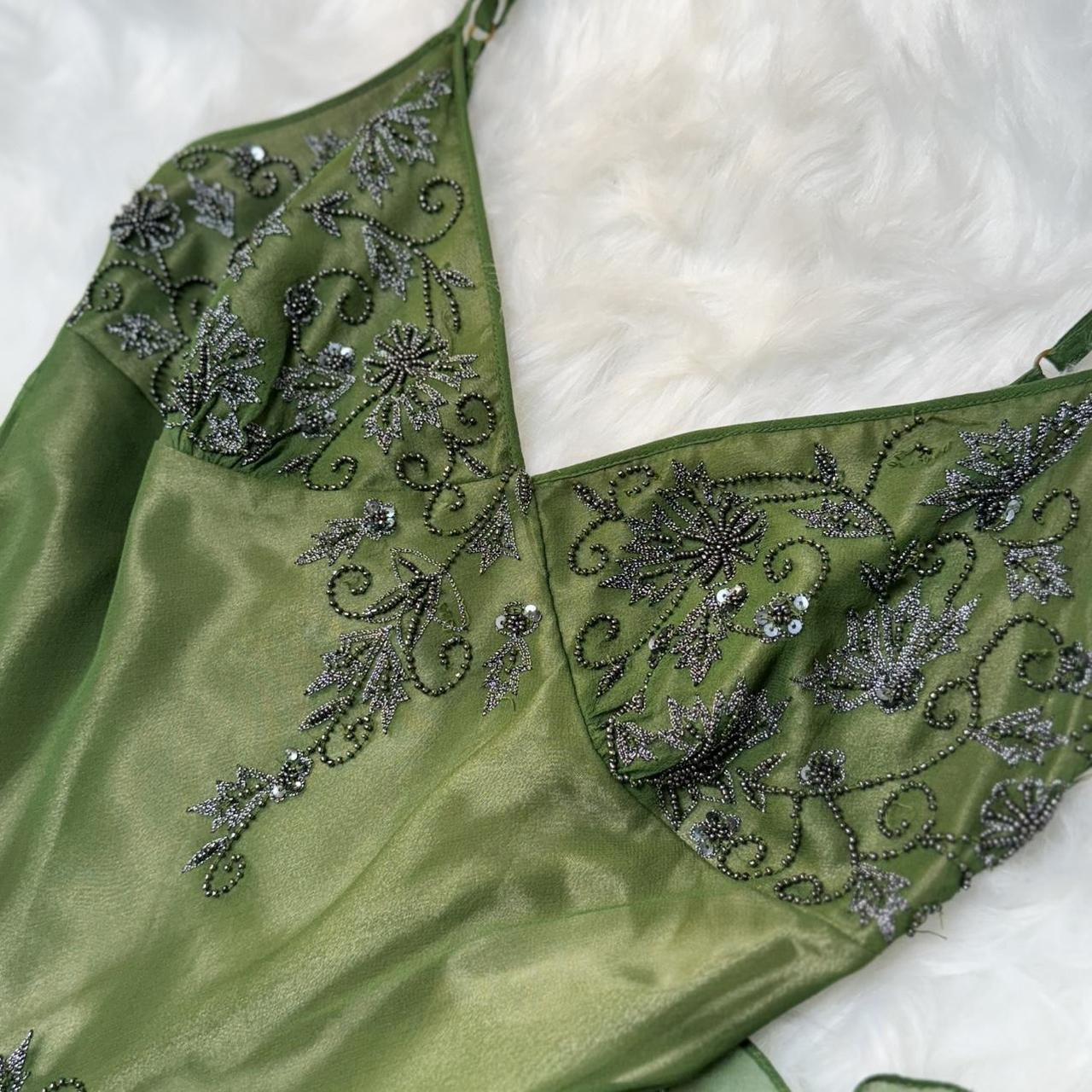 Green Vintage Fashion Elegant Exquisite Beaded Long Chiffon Suspender Dress Floral Embroidery Ball Gown Evening Gown Party Dress Prom Gown gh3720