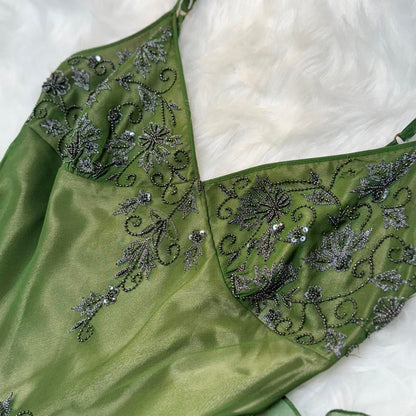 Green Vintage Fashion Elegant Exquisite Beaded Long Chiffon Suspender Dress Floral Embroidery Ball Gown Evening Gown Party Dress Prom Gown gh3720