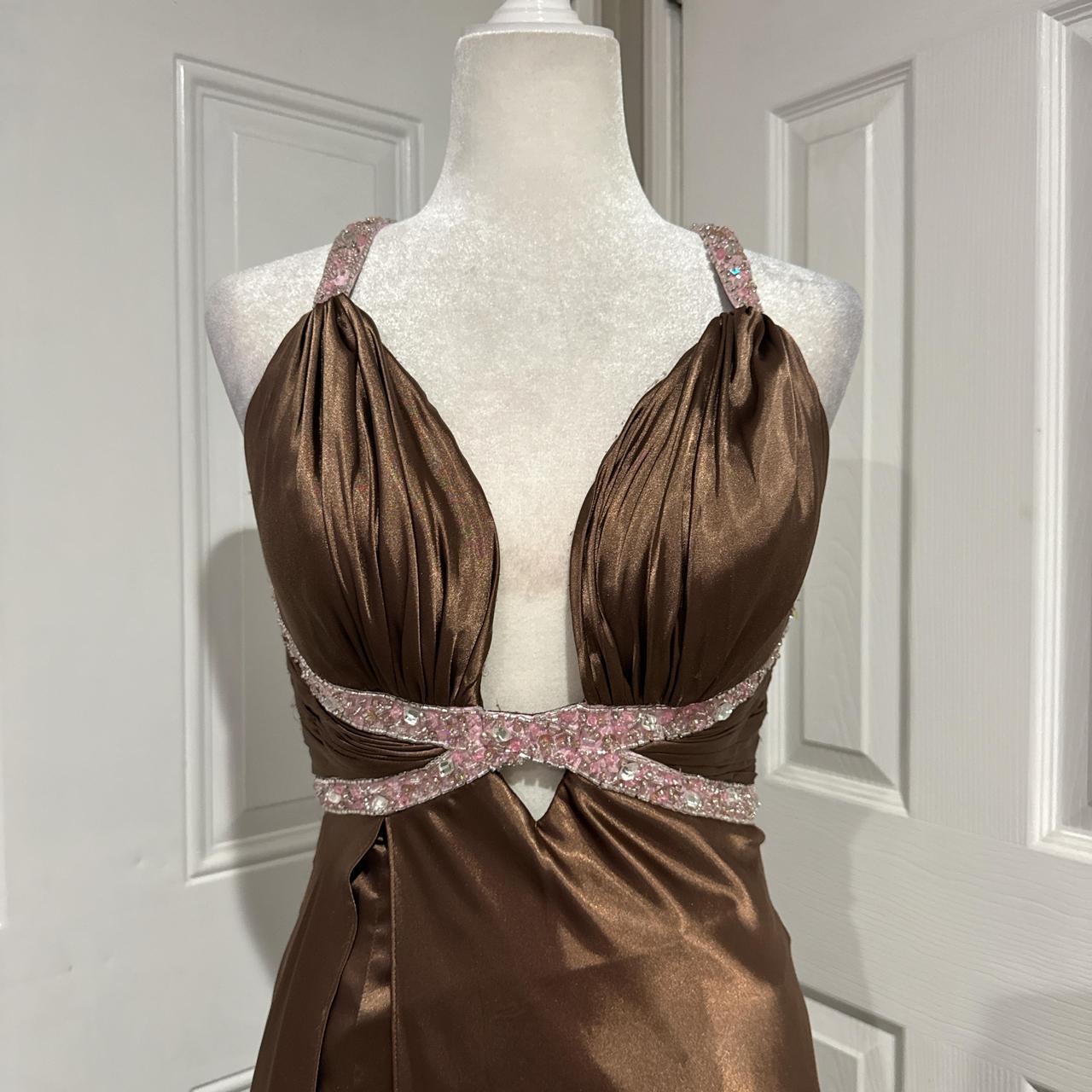 Brown Beaded Elegant Long Satin V Neck Ball Gown Evening Dress Party Dress gh4568