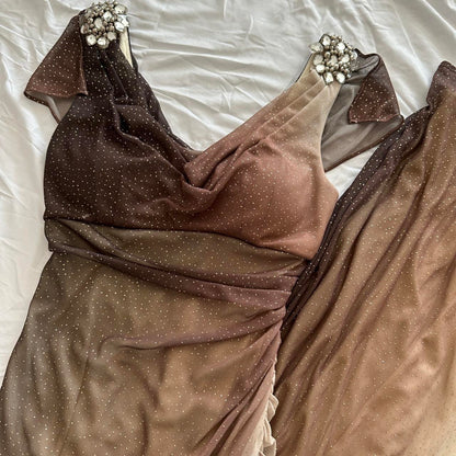 Brown and Cream Sparkly Ombre Stunning Shiny Vintage Fashion Stunning Elegant Delicate Rhinestone Long Chiffon Ball Gown Evening Gown Birthday Party Gown Fairy Ball Gown Graduation Gown gh3891