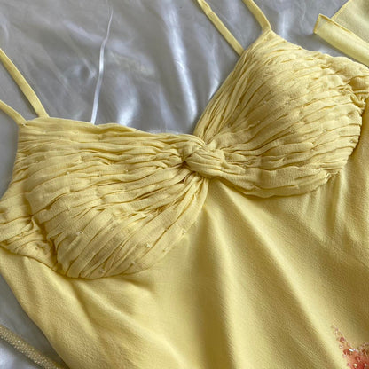 Yellow fashion halter floral beading long elegant chiffon ball gown evening dress gh3285