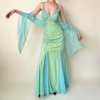 Green Blue Vintage Beads Rhinestones Women's Tulle Mermaid Slim Fit Long Prom Dress Vintage Backless Stunning Formal Ball Gown Evening Dress gh4589