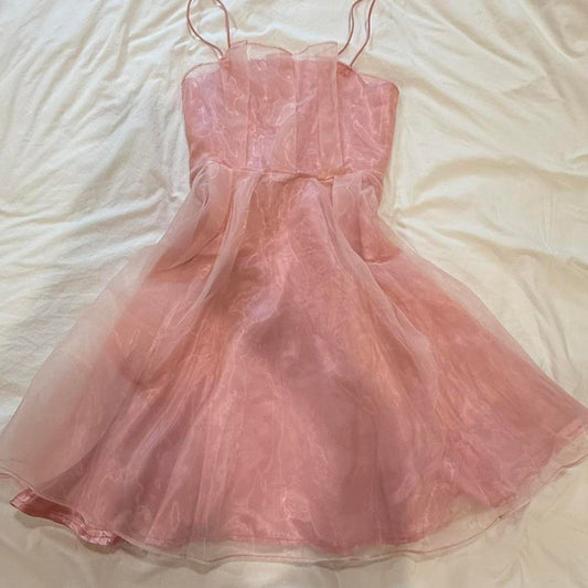 Pink Sweet Elegant Cute Short Spaghetti Straps Satin Tulle Homecoming Dress Prom Dress Evening Dress Party Dress gh4177