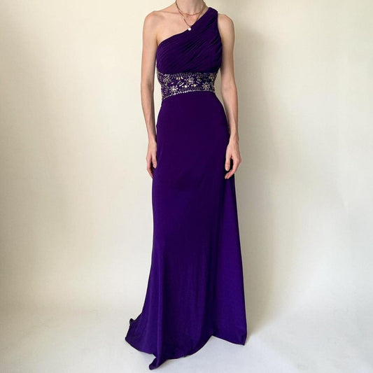 Purple One Shoulder Long Strap Trailing Beaded Off Shoulder Ball Gown Evening Dress gh4590