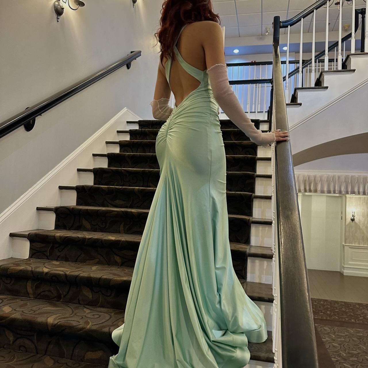 Green elegant fashion V-neck long satin floor-length train slit backless evening dress party dress prom dress graduation dress gh3919