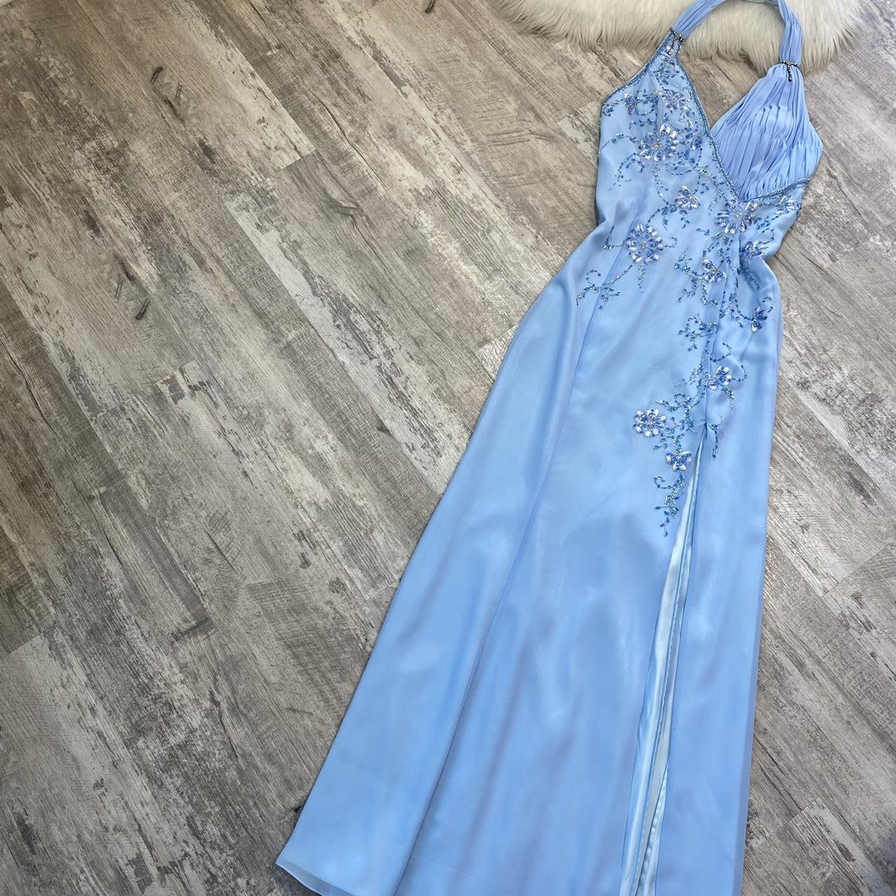 Beautiful light blue A-line strap blue delicate floral rhinestone sequin beaded backless long slit chiffon ball gown evening gown prom gown birthday party dress gh3805
