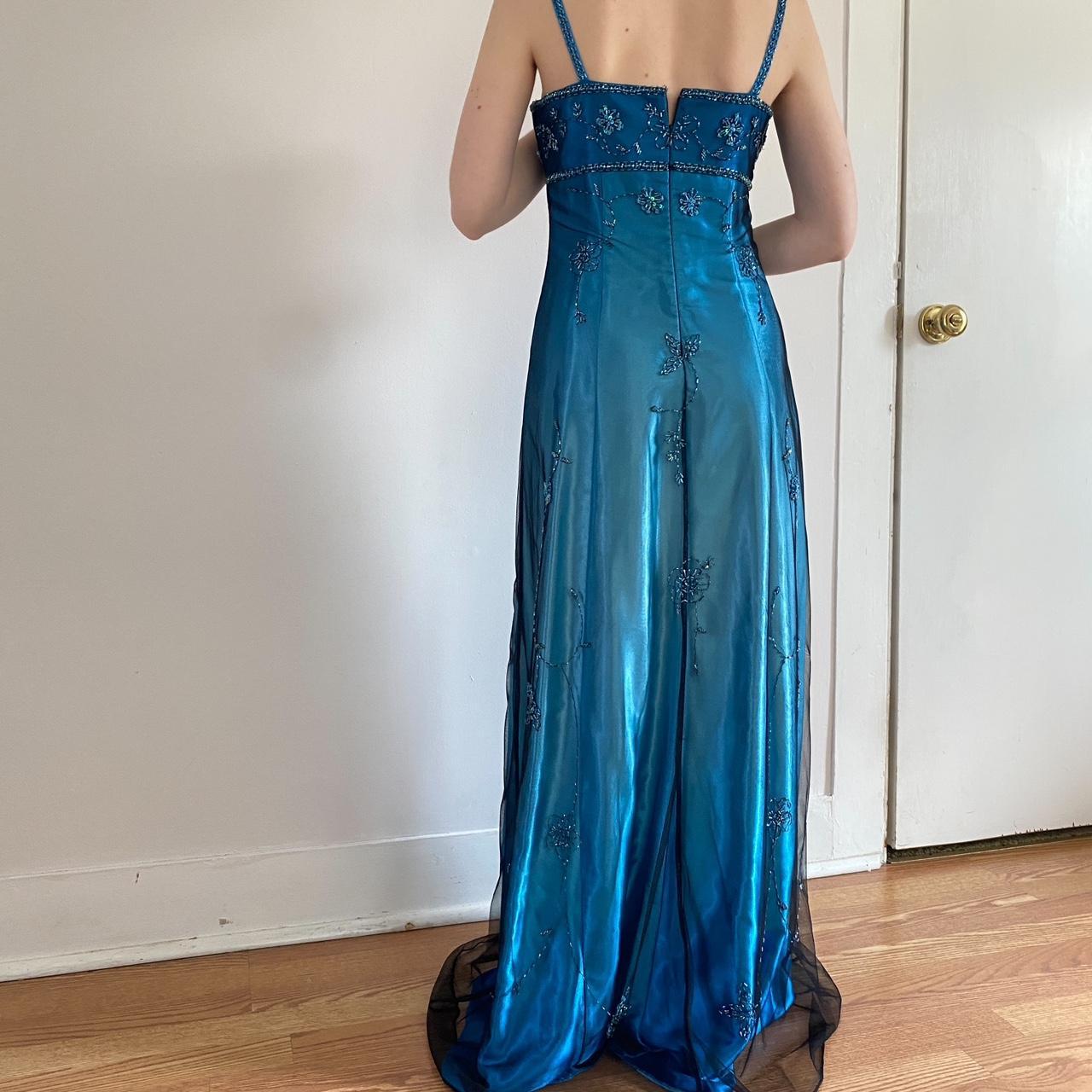 Vintage Fashion Blue Delicate Floral Beaded Ombre Spaghetti Strap Long Satin Tulle Fairy Ball Gown Square Neck Prom Dress Evening Dress Birthday Party Dress gh3957