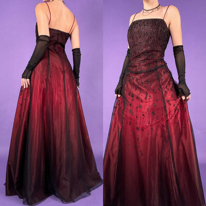 Burgundy Gorgeous Delicate Beads Elegant Sweet Spaghetti Straps Long Satin Tulle Ball Gown Evening Gown Birthday Party Gown Graduation Gown Prom Gown gh3953