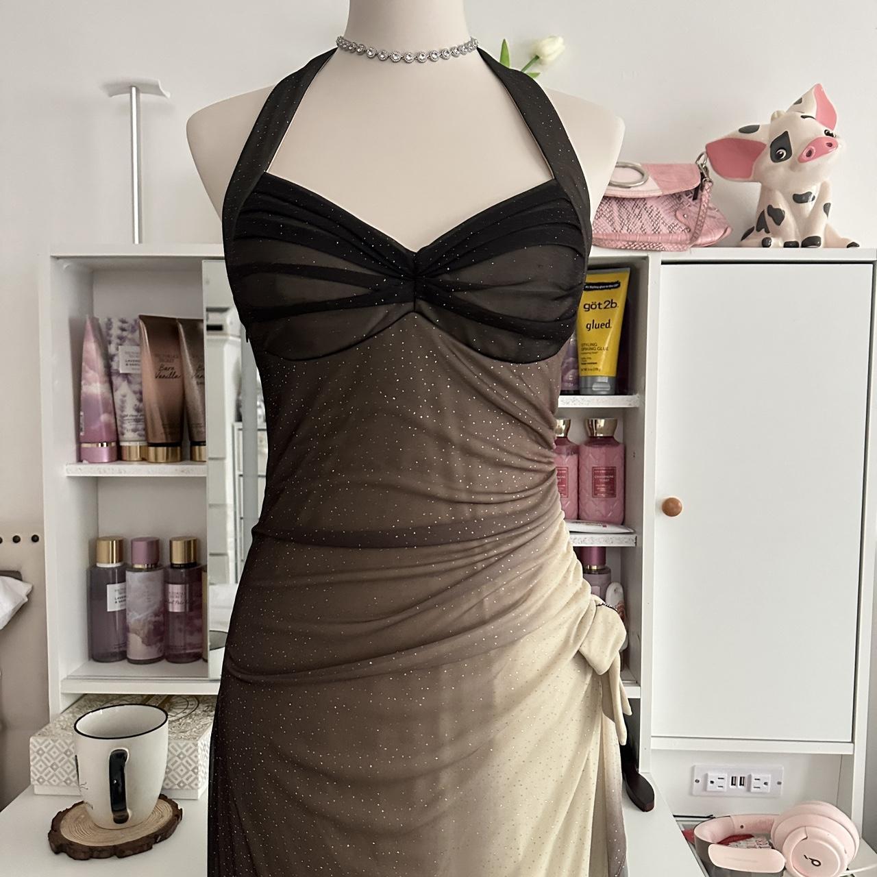 Brown and cream fashion gradient beautiful unique glitter maxi dress suspender vintage elegant long chiffon tulle ball gown evening dress party dress prom dress gh3880
