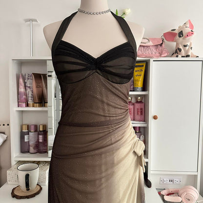 Brown and cream fashion gradient beautiful unique glitter maxi dress suspender vintage elegant long chiffon tulle ball gown evening dress party dress prom dress gh3880