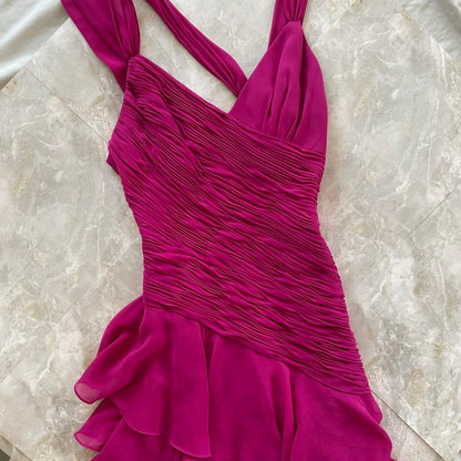 Purple Magenta Fashion Elegant Pleated Corset Midi Short Mini Asymmetric Chiffon Ruffle Homecoming Dress Prom Dress Evening Dress Party Dress Dance Dress gh3812
