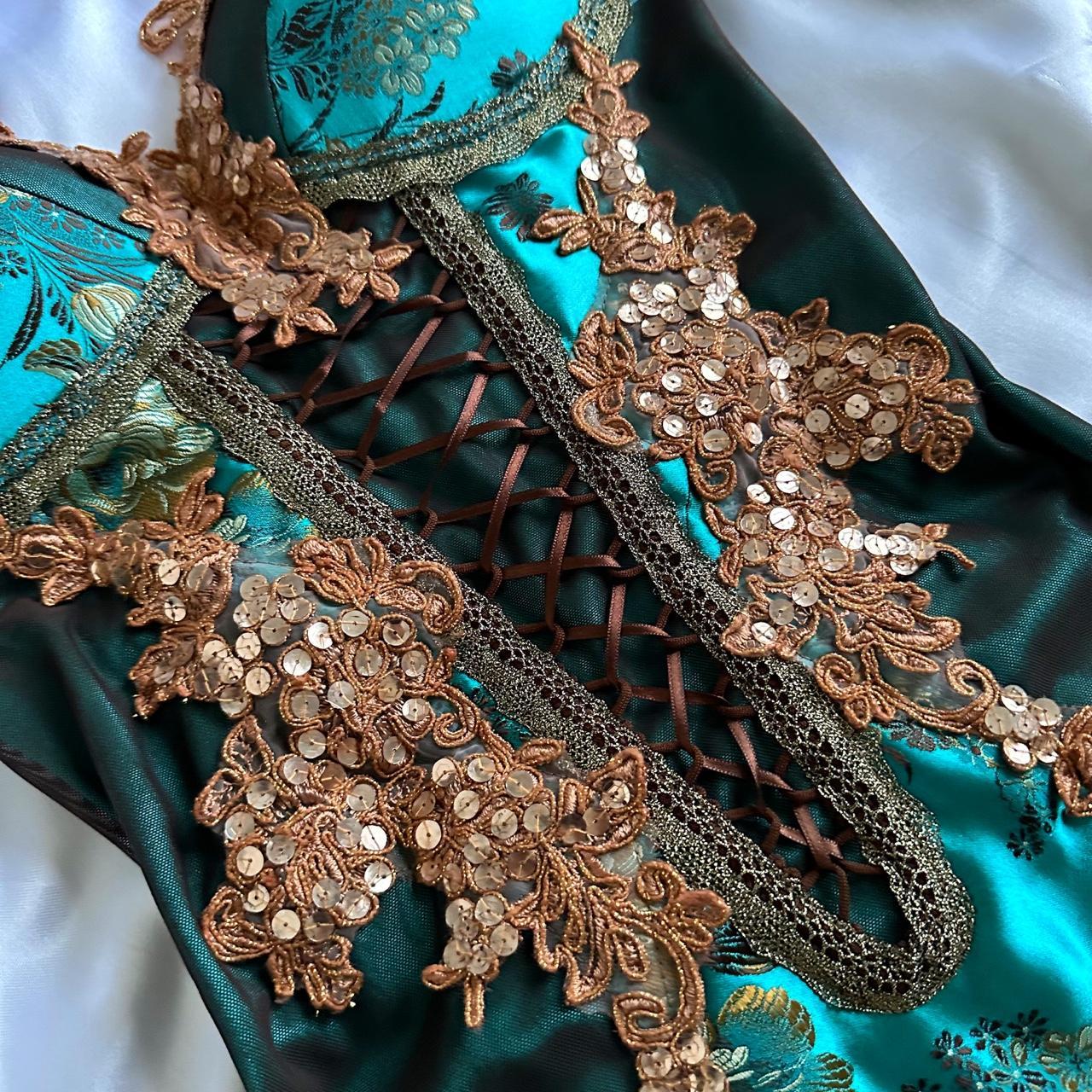 Turquoise Beautiful Fantasy Vintage Elegant Delicate Floral Sequin Beaded Bustier Midi Satin Homecoming Gown Prom Gown Evening Gown Party Gown Graduation Gown gh3941