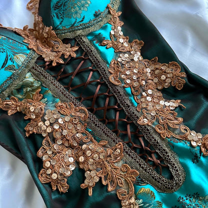 Turquoise Beautiful Fantasy Vintage Elegant Delicate Floral Sequin Beaded Bustier Midi Satin Homecoming Gown Prom Gown Evening Gown Party Gown Graduation Gown gh3941