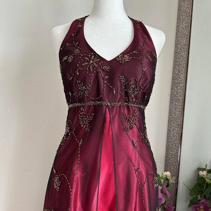 Burgundy Vintage Fashion Stunning Elegant Exquisite Beaded Long Satin tulle High Waist Formal Gothic Ball Gown Evening Gown Birthday Party Gown Prom Gown Graduation Gown gh3890