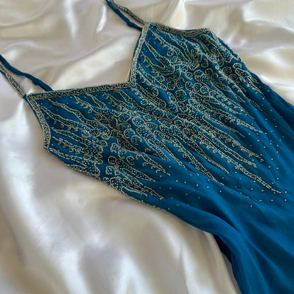 ___intage Blue Fashion Exquisite Silver Gold Beads Long Elegant Flowing Chiffon Ball Gown Evening Gown Party Dress Prom Gown gh3869