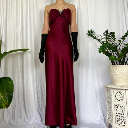 Burgundy Red Gorgeous Retro Fashion Rhinestone Gown Sweetheart Neck Long Satin Ball Gown Evening Gown Party Dress Prom Gown gh3715