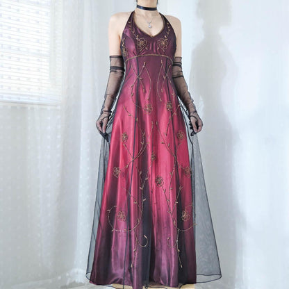 Burgundy Floral Exquisite Beading Long Satin Tulle Ball Gown Evening Dress Party Dress gh4294
