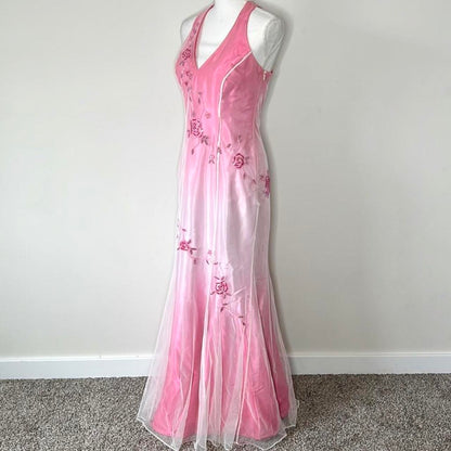 Pink Fashion Gradient Elegant V-neck Exquisite Floral Beading Backless Long Tulle Satin prom dress Evening Dress Party Dress gh3577