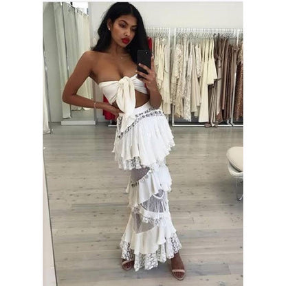Sleeveless A-line white maxi long two piece suit ball gown evening dress gh2852