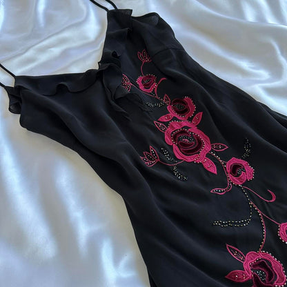 Black Elegant Delicate Red Rose Floral Beaded Long Chiffon Ball Gown Evening Dress Party Dress Prom Dress gh3691