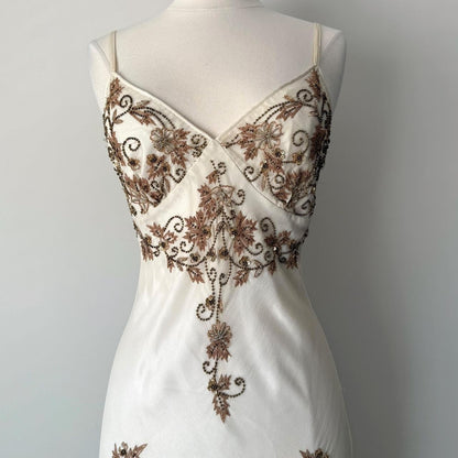 Ivory White Gorgeous Vintage Delicate Gold Brown Beaded Spaghetti Straps Fairy Long Chiffon Ball Gown Evening Gown Party Gown Wedding Guest Gown Homecoming Gown Graduation Gown Prom Gown gh3980