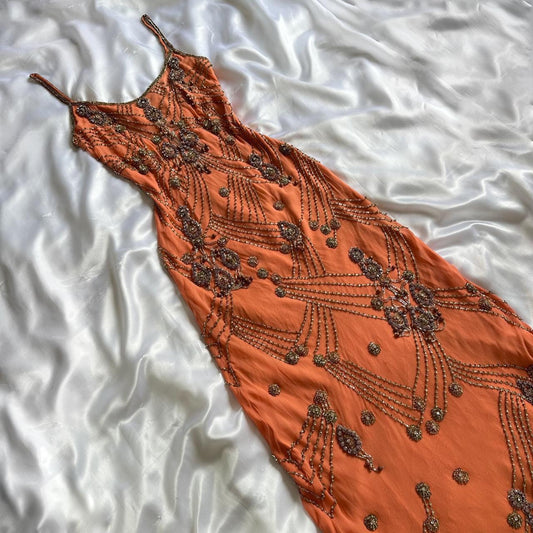 Fantasy Orange Coral Elegant Exquisite Gem Beaded Long Chiffon Ball Gown Evening Dress Party Dress Prom Dress gh3747